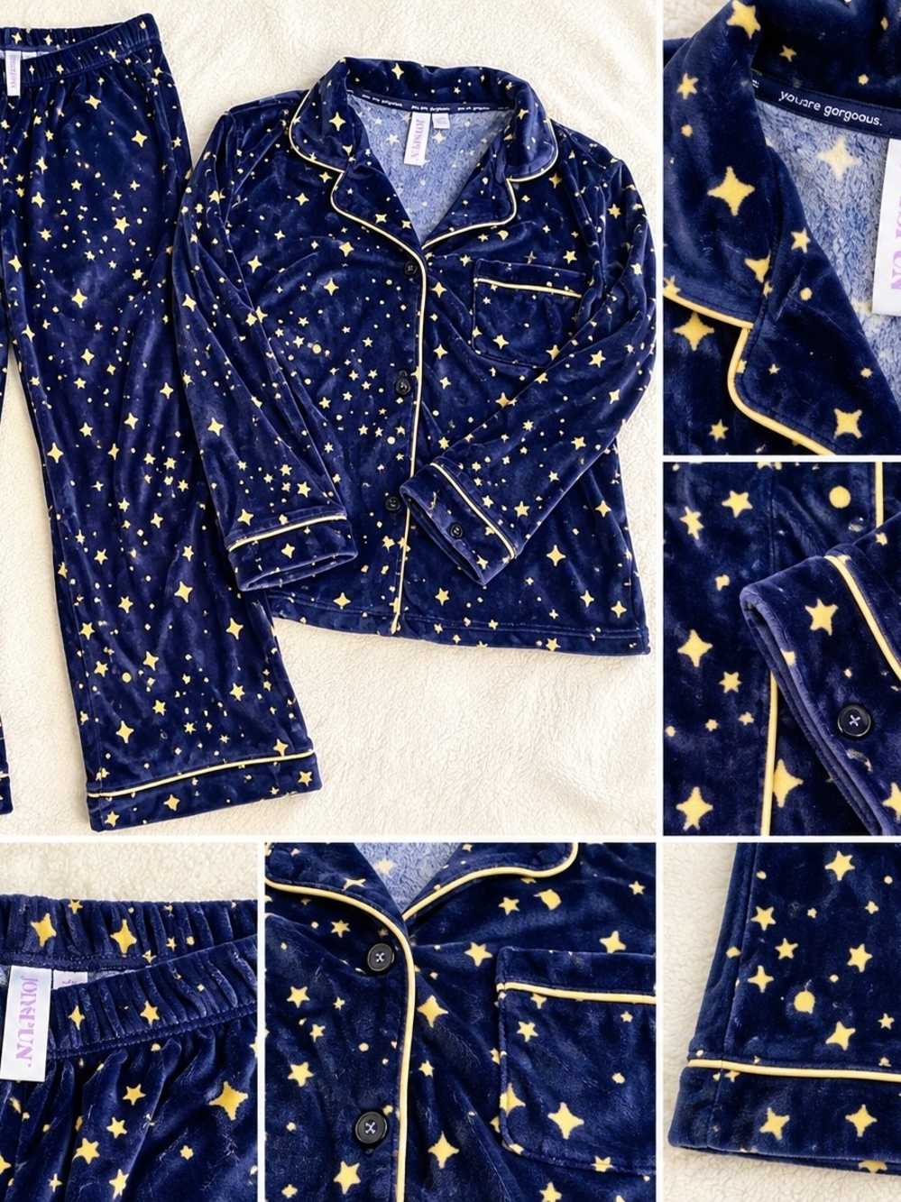 Joyspun Women’s Navy Blue Gold Celestial Star Plush Pajama Set L